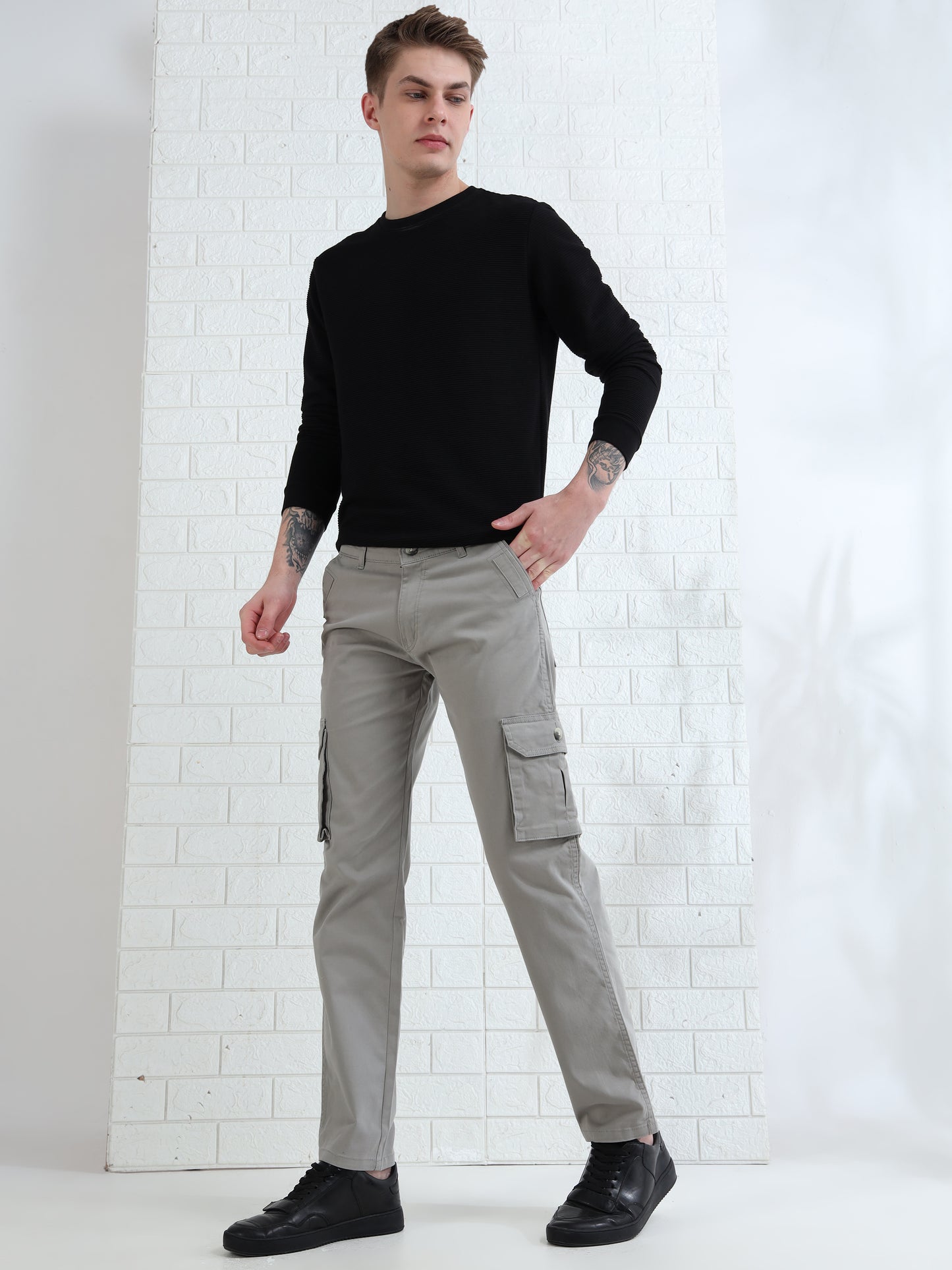 men's light khaki cargo trousers with utility pockets and modern look