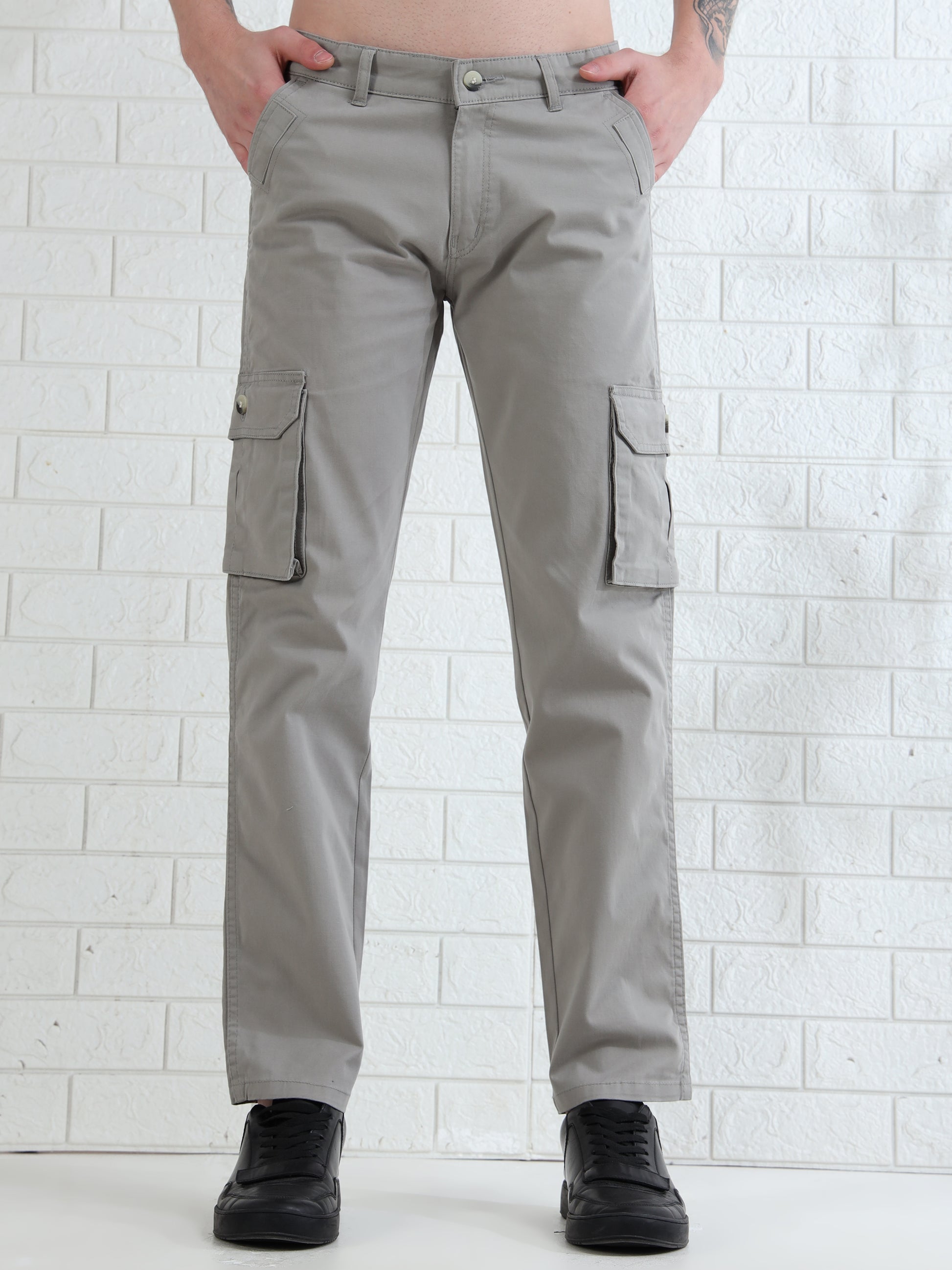 Fashionable men's khaki cargo pants with multiple pockets and clean finish
