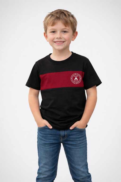 black cotton t-shirt with red chest stripe front view kids casual half sleeve summer wear tee.