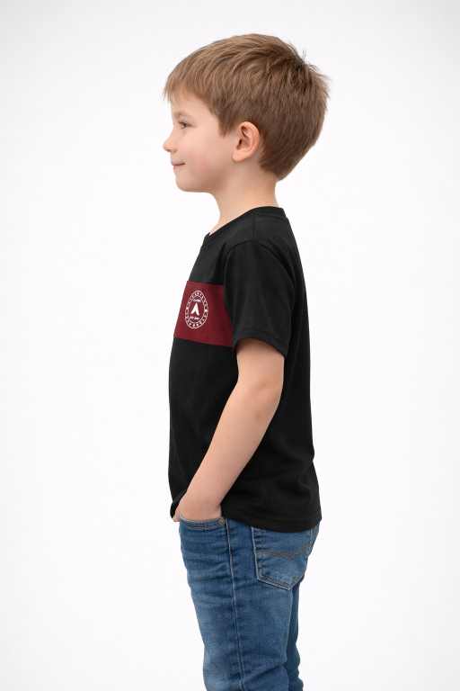 boys black half sleeve cotton t-shirt with red stripe stylish kids everyday casual clothing.
