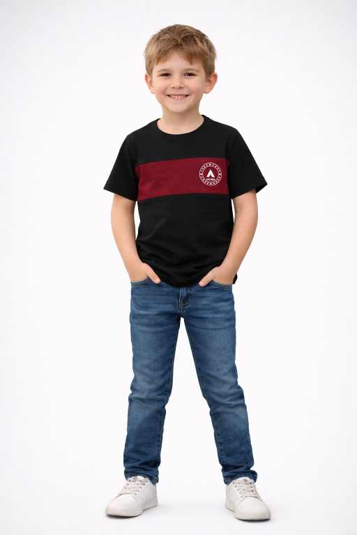 Boys black t-shirt with red stripe paired with blue jeans