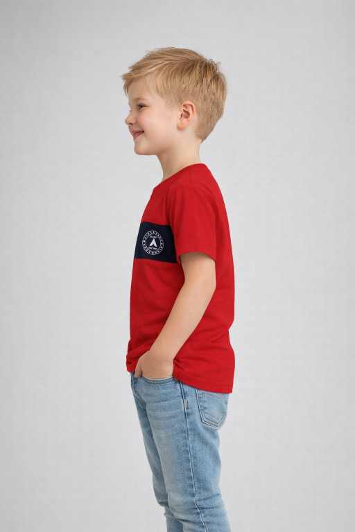 boys red half sleeve cotton t-shirt with navy stripe stylish kids everyday casual clothing.