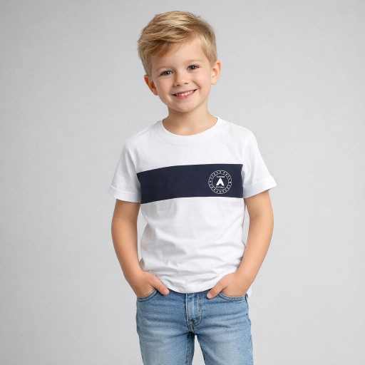 Boys white cotton t-shirt with navy chest stripe front view kids casual summer wear tee