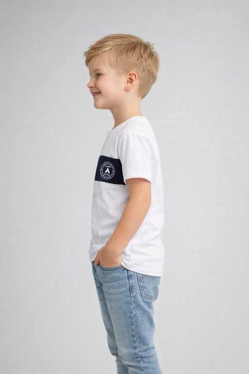 white half sleeve cotton t-shirt with navy stripe stylish kids everyday clothing.