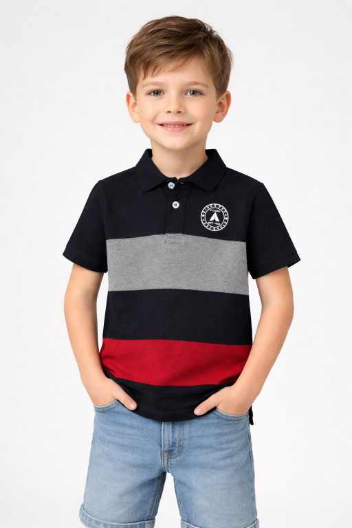 Boys black striped polo t-shirt front view with grey and red colorblock panels stylish kids casual wear.