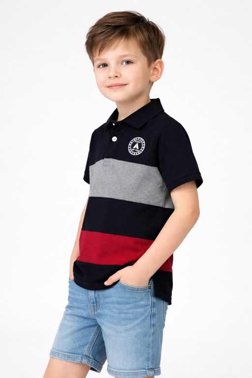 Kids black cotton polo t-shirt with collar, grey and red horizontal stripes premium boys fashion wear.