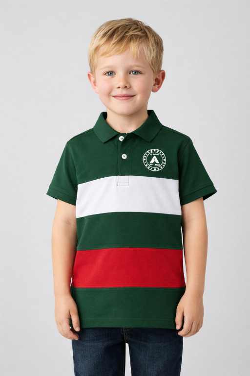 Boys green striped polo t-shirt front view with white and red colorblock panels stylish kids casual wear.