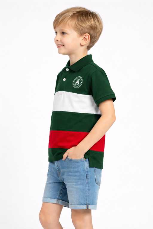 Trendy boys green half sleeve polo t-shirt with white stripe and red panel comfortable summer outfit for kids