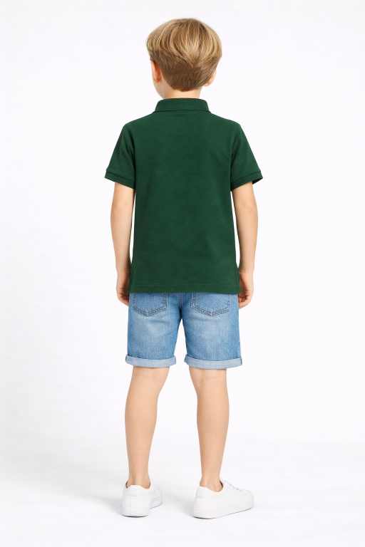 Kids green cotton polo t-shirt with collar, white and red horizontal stripes premium boys fashion wear.