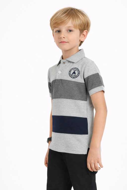 Trendy boys grey half sleeve polo t-shirt with dark grey stripe and navy panel comfortable summer outfit for kids.