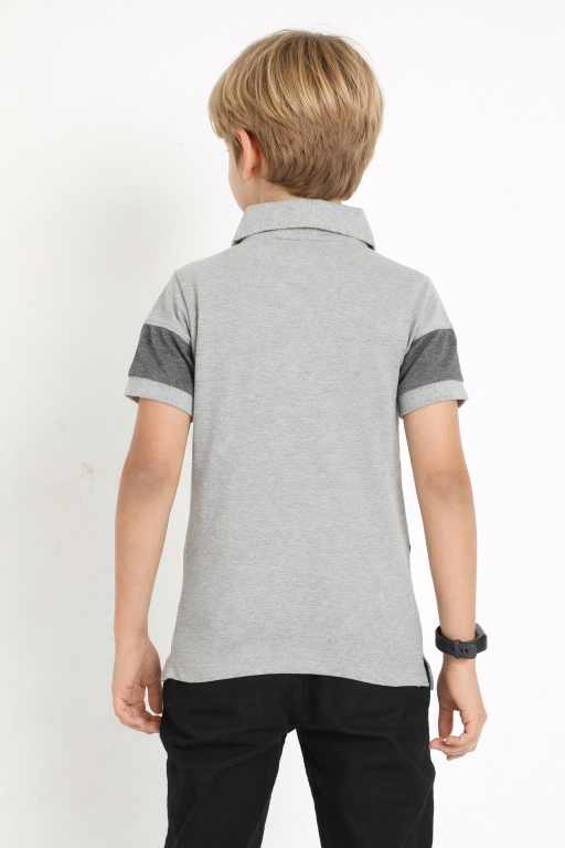 Kids grey cotton polo t-shirt with collar, charcoal and navy horizontal stripes premium boys fashion wear.