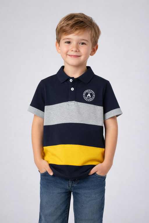 Boys navy striped polo t-shirt front view with grey and yellow colorblock panels stylish kids casual wear.