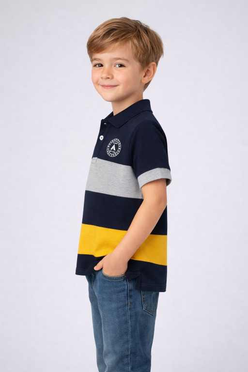 Trendy boys navy half sleeve polo t-shirt with grey stripe and yellow panel comfortable summer outfit for kids.