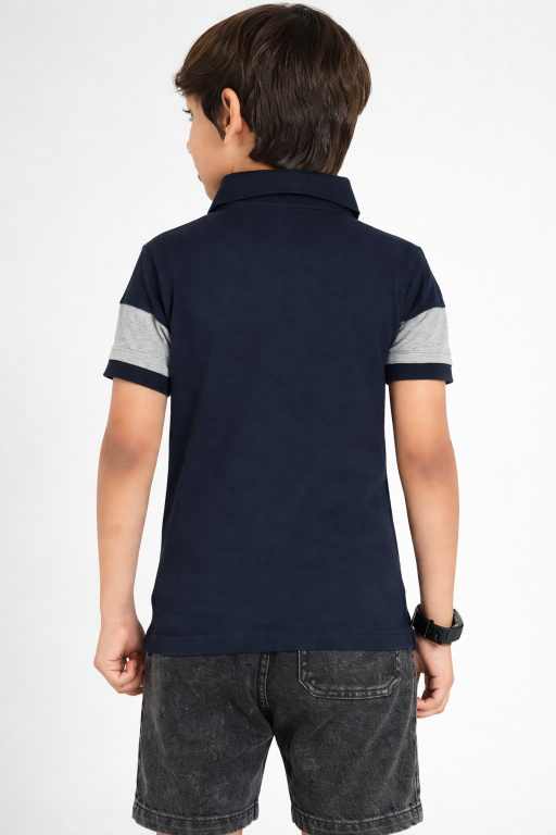 Kids navy cotton polo t-shirt with collar, grey and yellow horizontal stripes premium boys fashion wear.