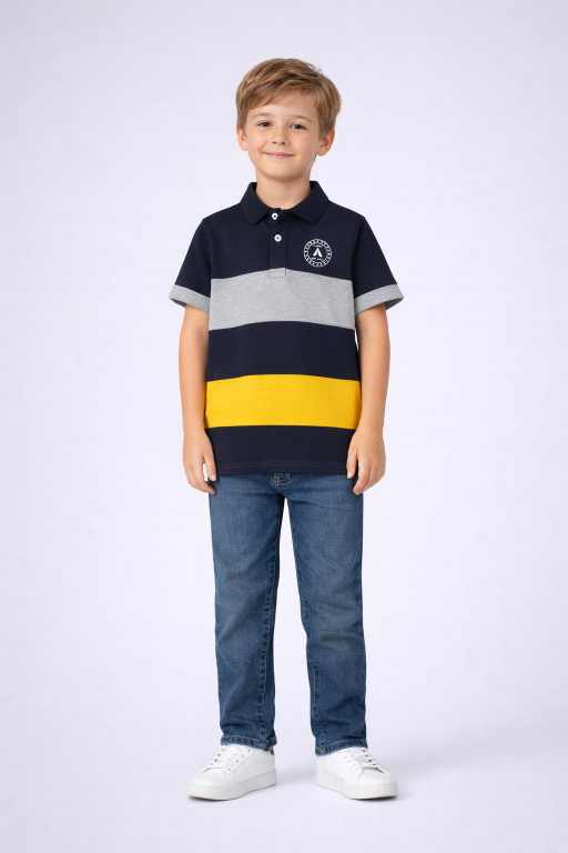 Stylish boys navy polo neck t-shirt paired with jeans front pose fashionable kids casual clothing.