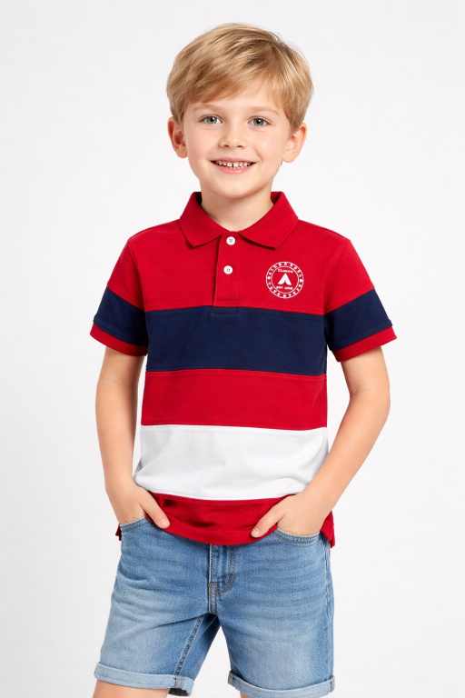 Boys red striped polo t-shirt front view with navy and white colorblock panels stylish kids casual wear.