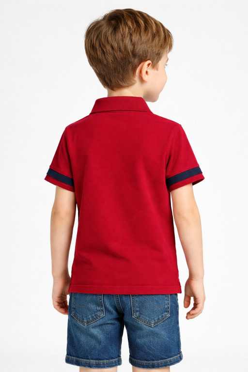 Trendy boys red half sleeve polo t-shirt with navy stripe and white panel comfortable summer outfit for kids.