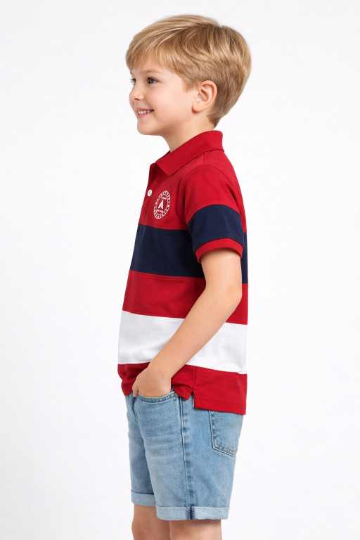 Kids red cotton polo t-shirt with collar, navy and white horizontal stripes premium boys fashion wear.