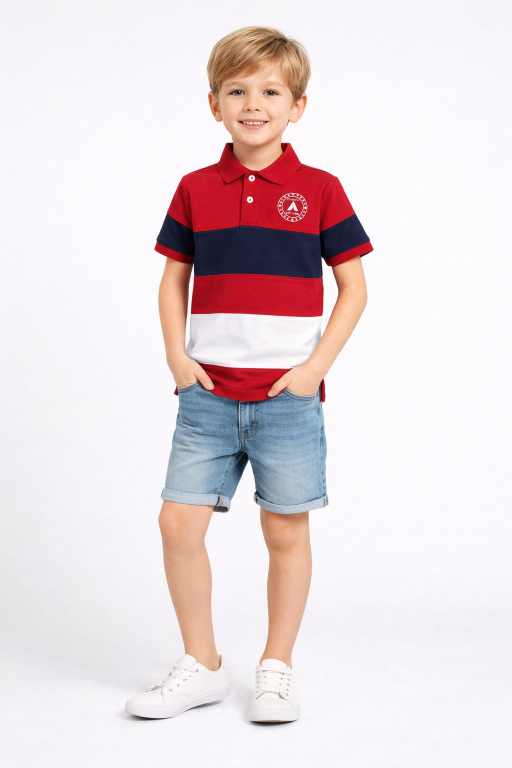 Stylish boys red polo neck t-shirt paired with denim shorts front pose fashionable kids casual clothing.
