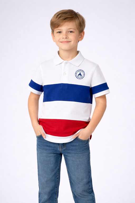 Boys white striped polo t-shirt front view with blue and red colorblock panels stylish kids casual wear.