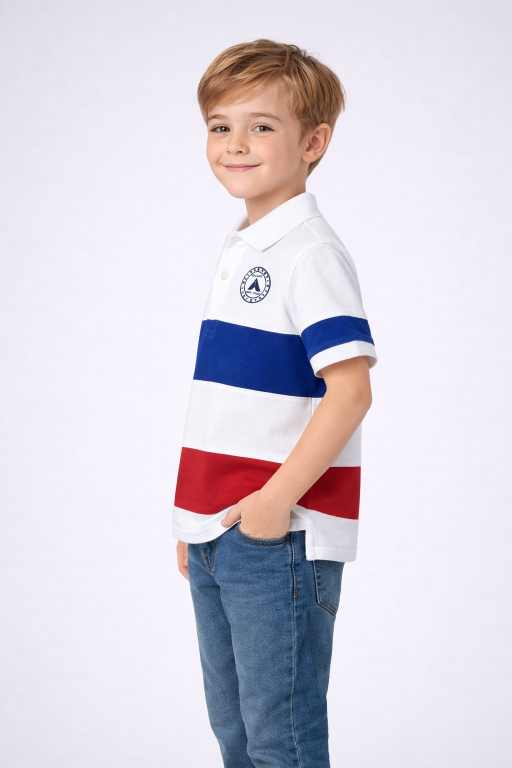Trendy boys white half sleeve polo t-shirt with blue stripe and red panel comfortable summer outfit for kids