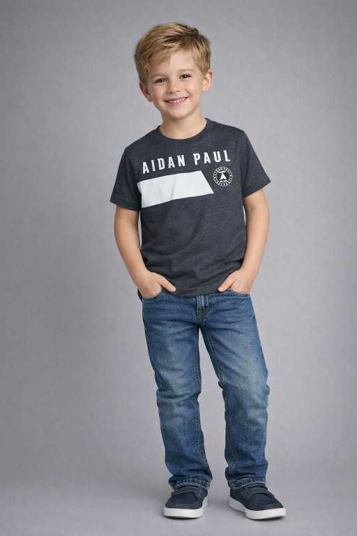 Boys charcoal grey cotton printed t-shirt front view with graphic text design casual half sleeve kids wear.