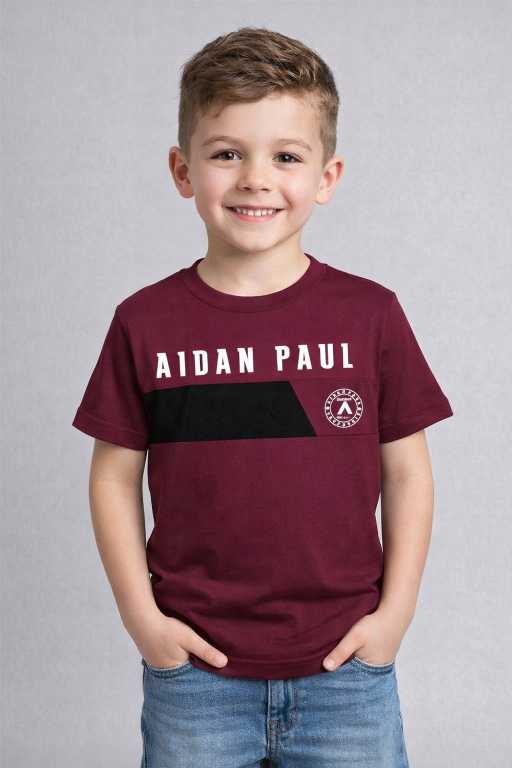 Boys maroon cotton printed t-shirt front view with graphic text design casual half sleeve kids wear.