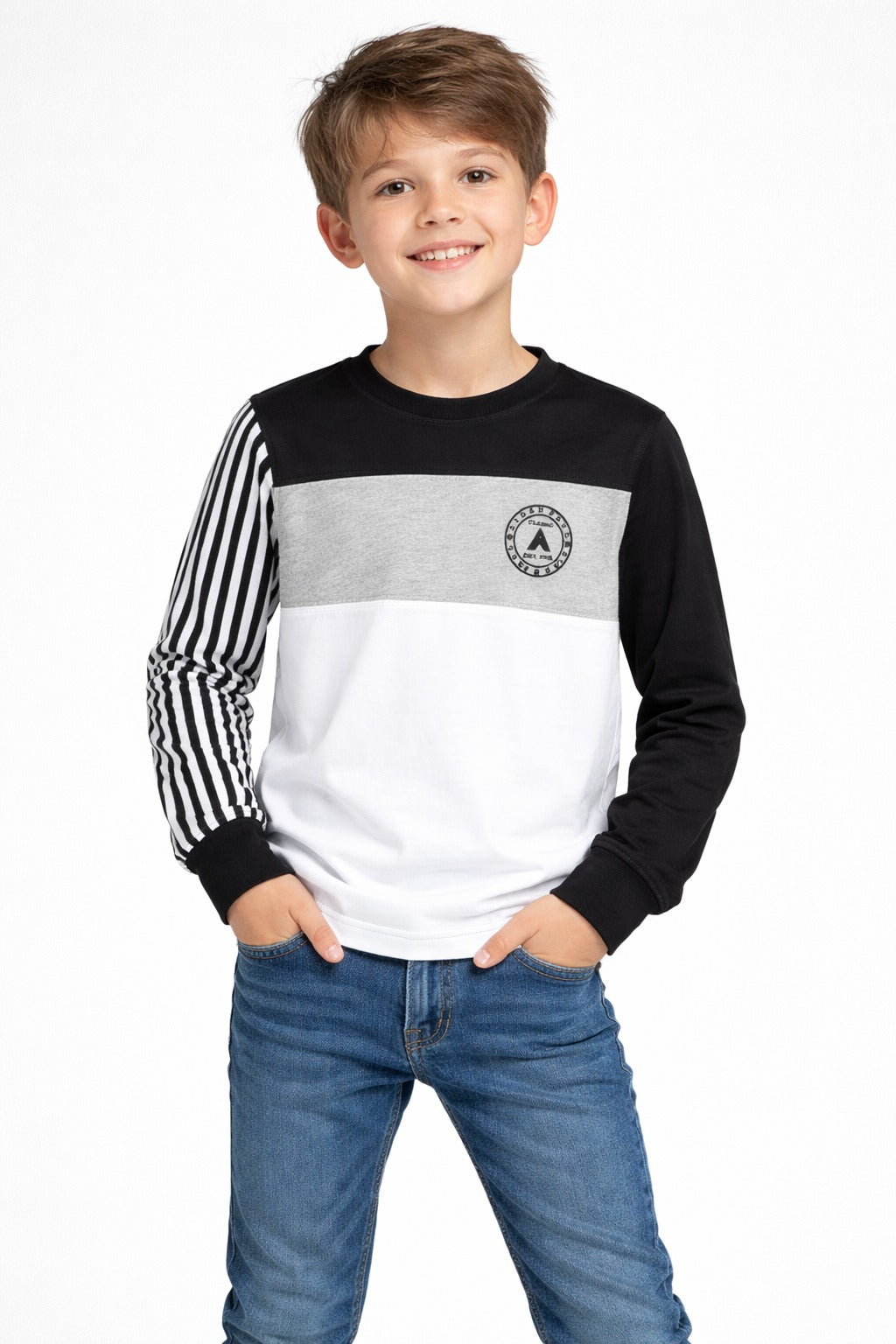 Boys black white colorblock full sleeve t-shirt front view with grey panel and striped sleeve kids casual wear.