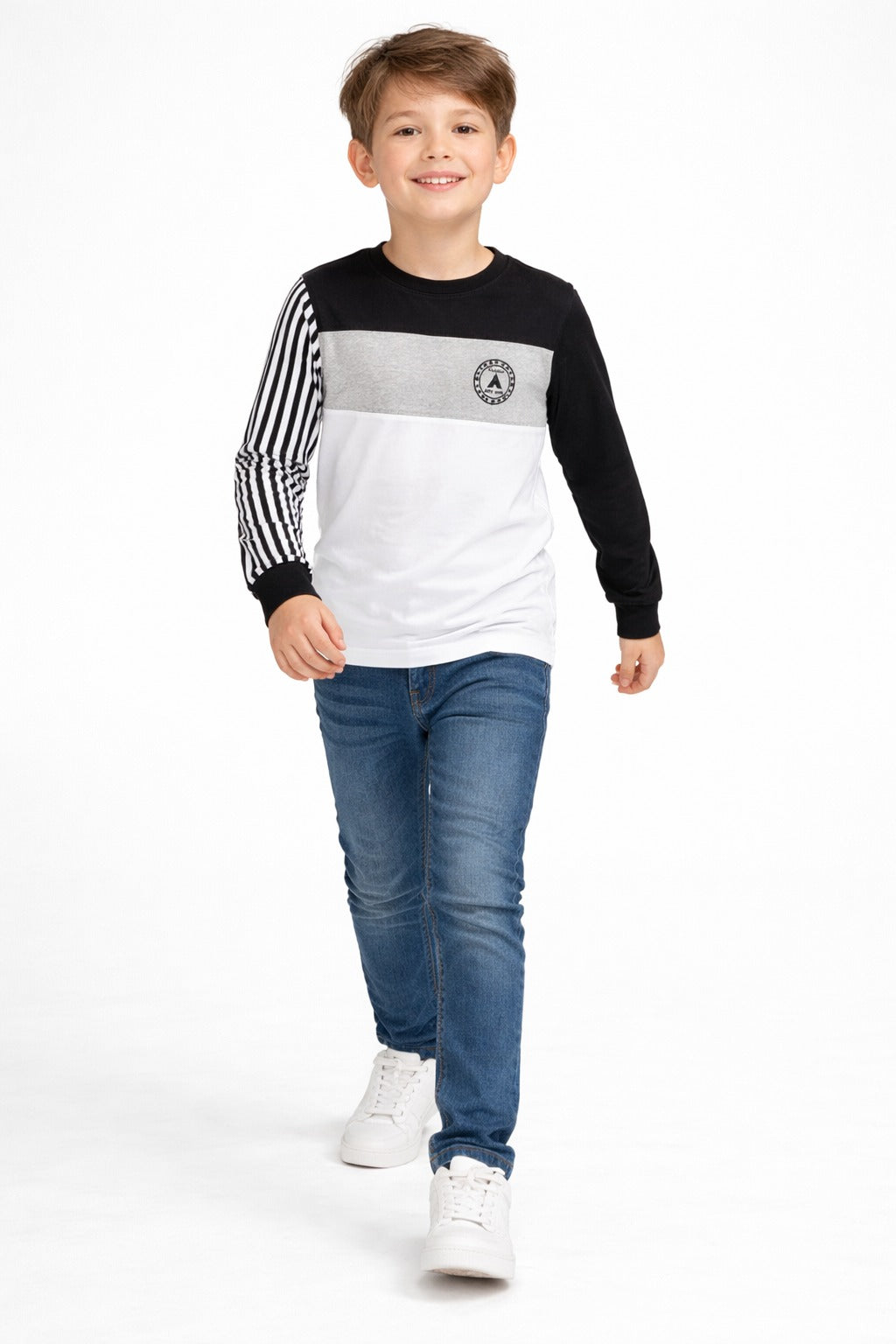 boys black white full sleeve cotton t-shirt with striped sleeve