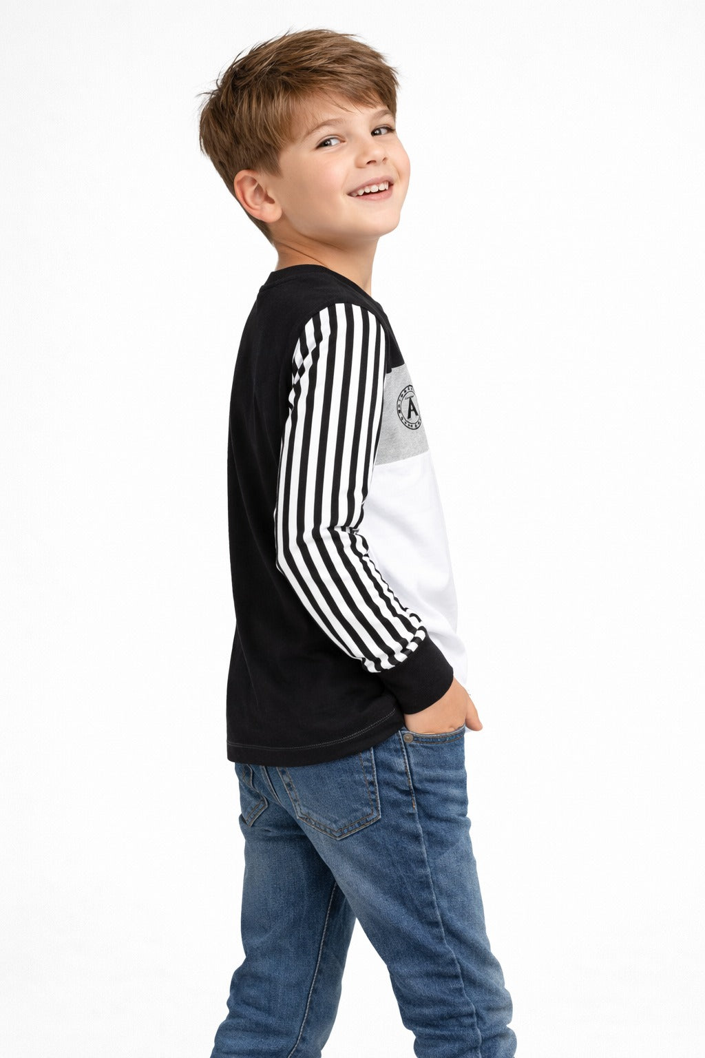 Boys black white colorblock full sleeve t-shirt paired with blue jeans