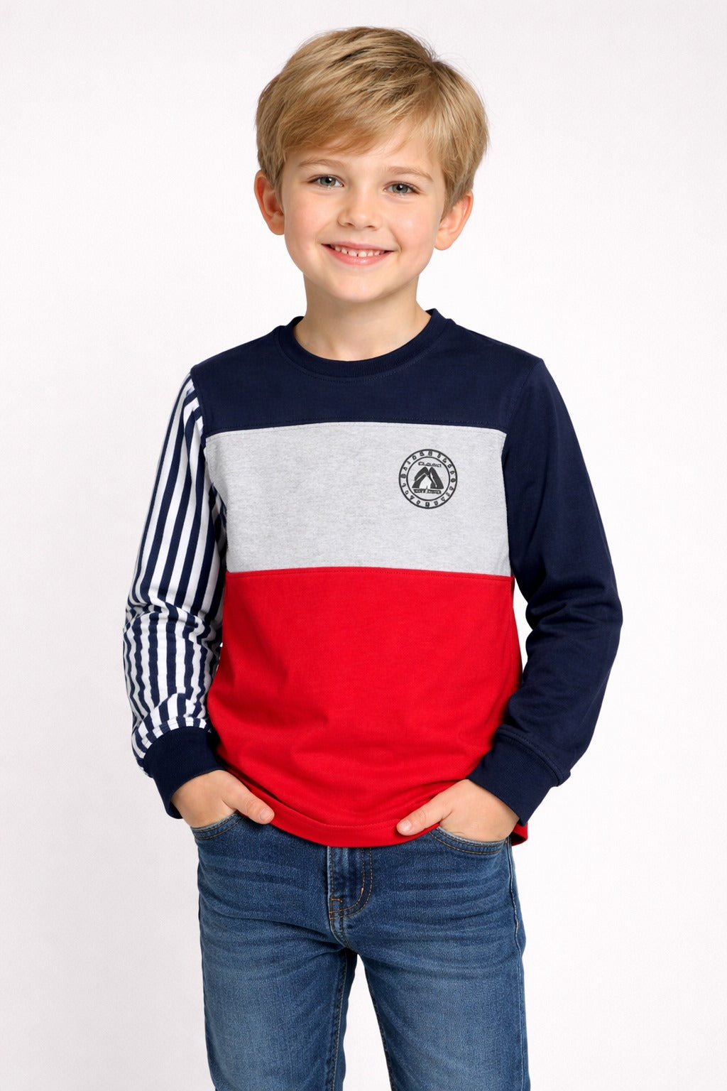 boys navy grey red colorblock full sleeve t-shirt with striped sleeve detail