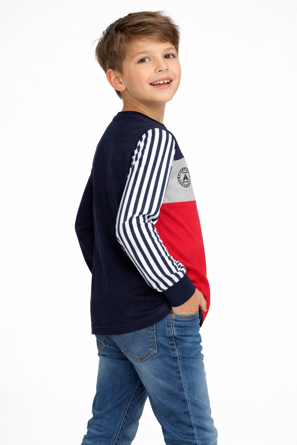 boys plain navy blue full sleeve t-shirt with striped sleeve detail comfortable kids everyday wear.