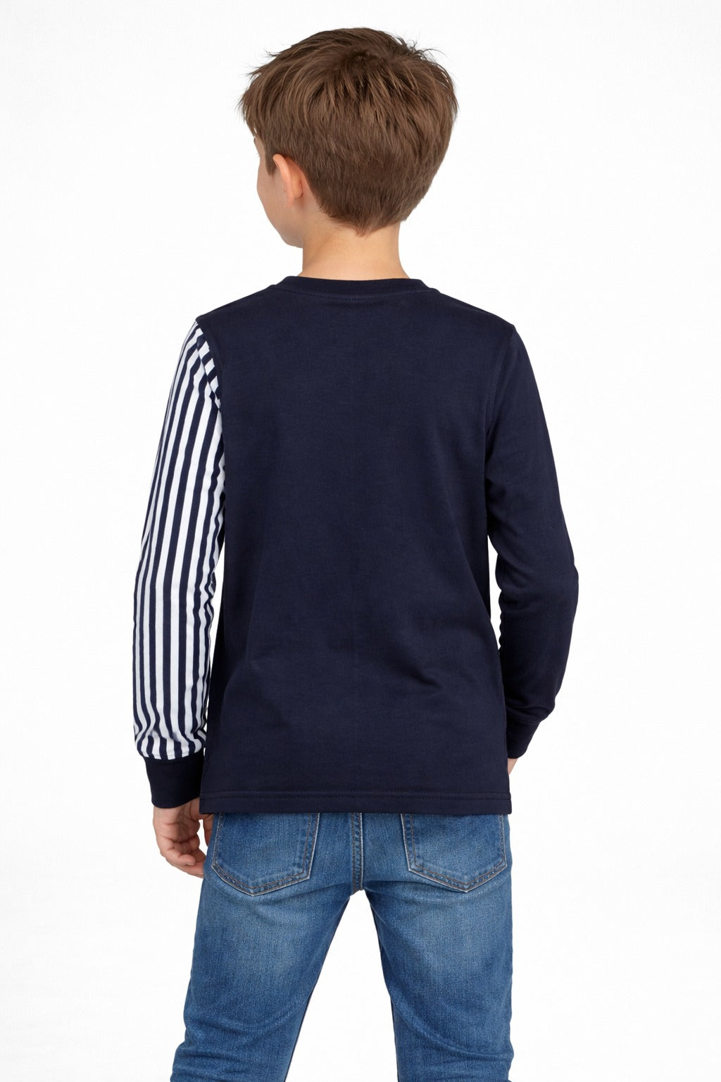 Boys navy grey red colorblock full sleeve t-shirt front view with striped sleeve