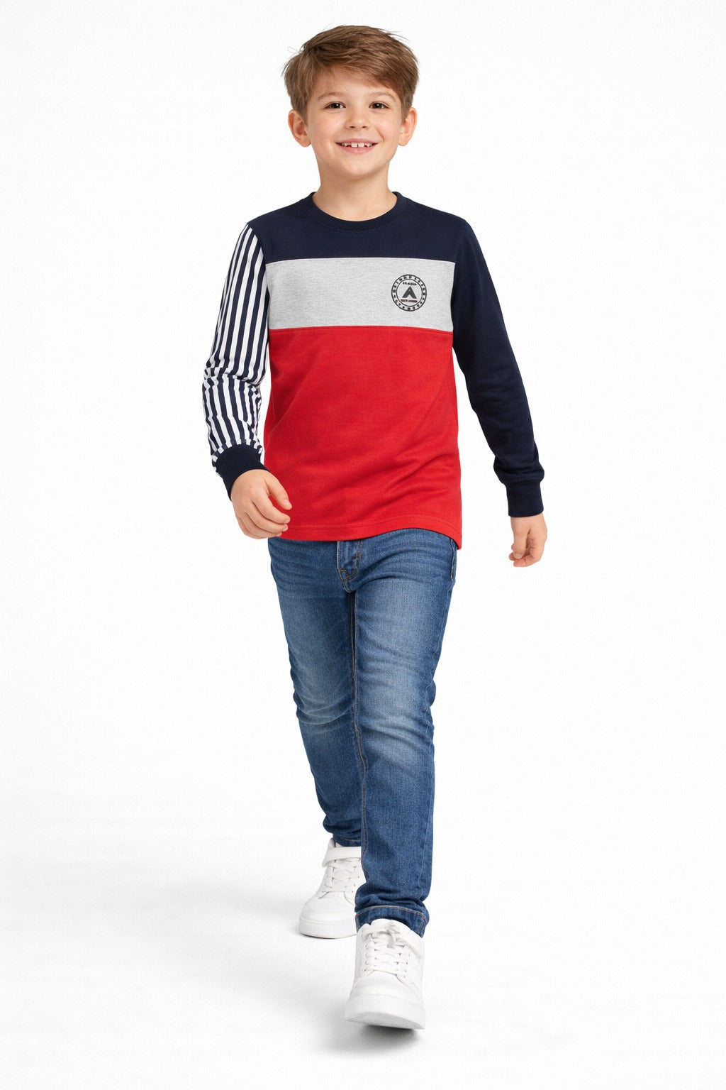 Boys navy grey red colorblock full sleeve t-shirt paired with blue jeans