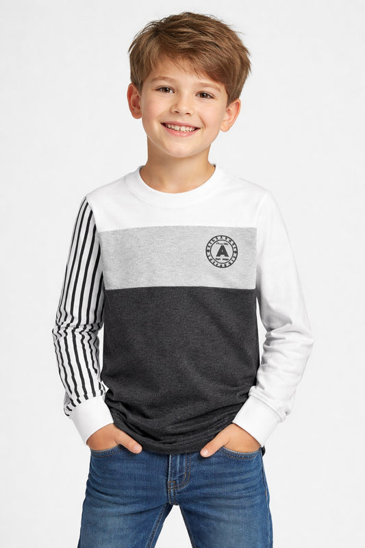 Boys white grey colorblock full sleeve t-shirt front view with charcoal panel and striped sleeve kids casual wear.