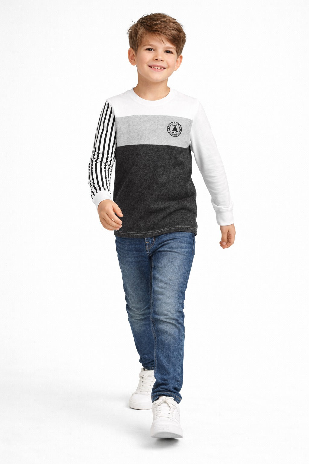 boys plain white full sleeve t-shirt with striped sleeve detail comfortable kids everyday wear.