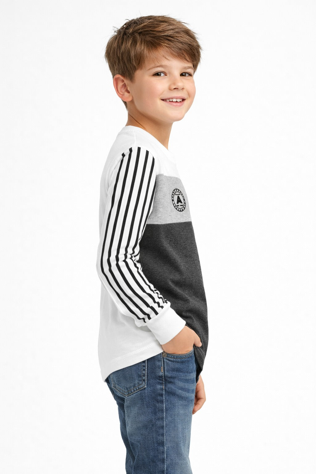 boys white grey full sleeve cotton t-shirt with striped sleeve stylish kids winter wear.