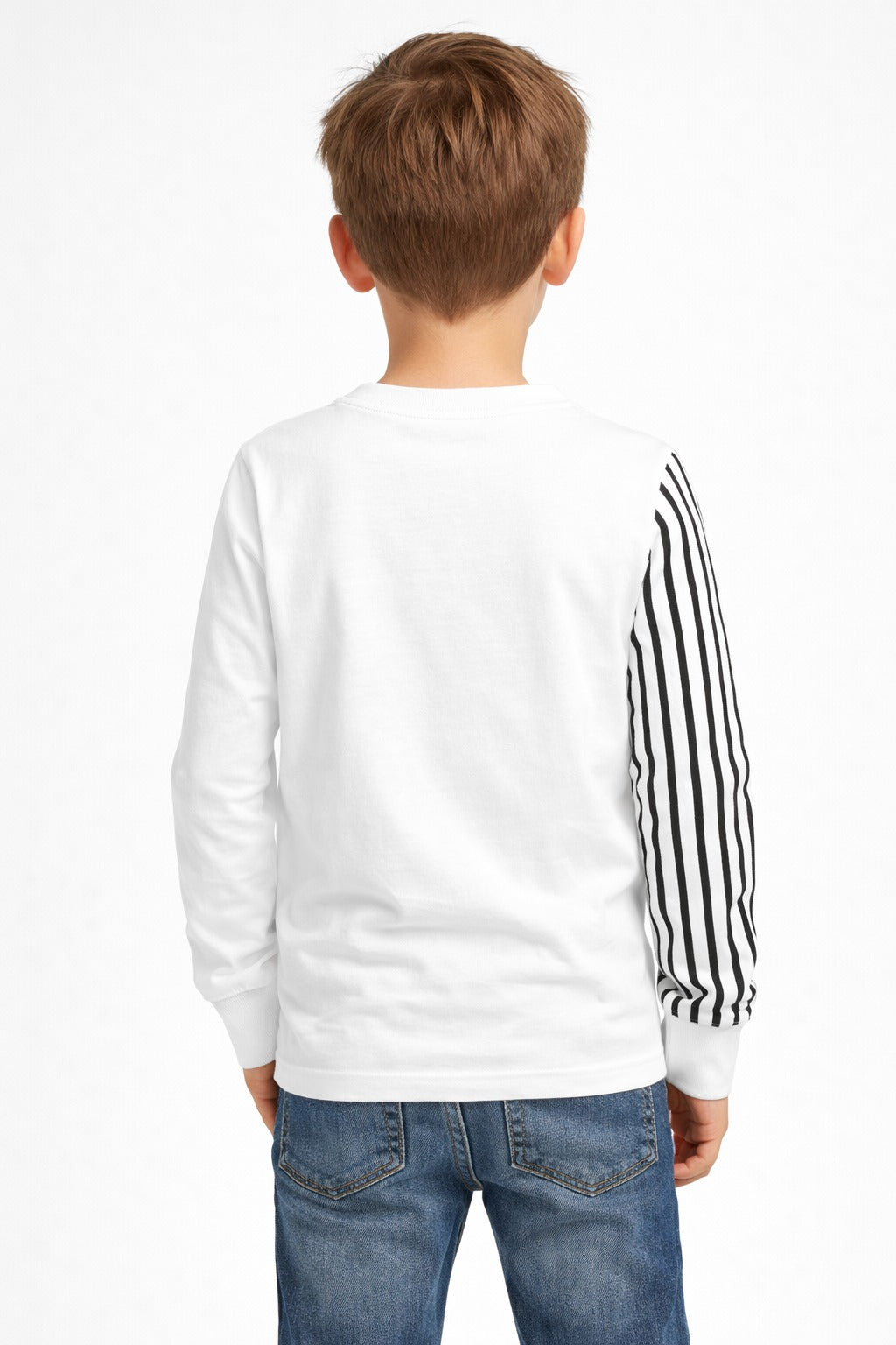 Boys white grey colorblock full sleeve t-shirt paired with blue jeans