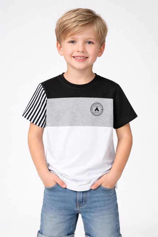 Boys black grey white colorblock half sleeve t-shirt front view with striped sleeve paired with denim shorts trendy kids casual wear.