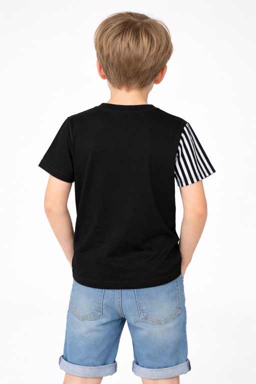 boys black half sleeve t-shirt with striped sleeve paired with denim shorts stylish kids summer clothing
