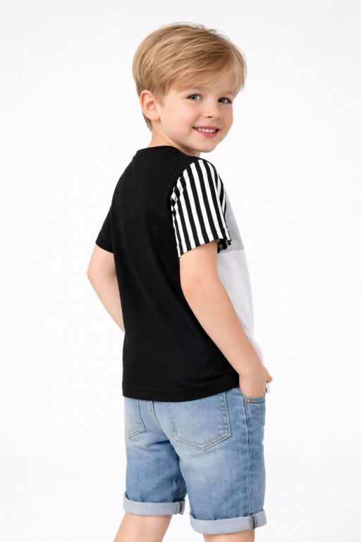 boys black grey white colorblock t-shirt with striped sleeve and denim shorts fashionable boys outfit.