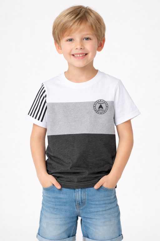 Boys white grey charcoal colorblock half sleeve t-shirt front view with striped sleeve paired with denim shorts trendy kids casual wear.