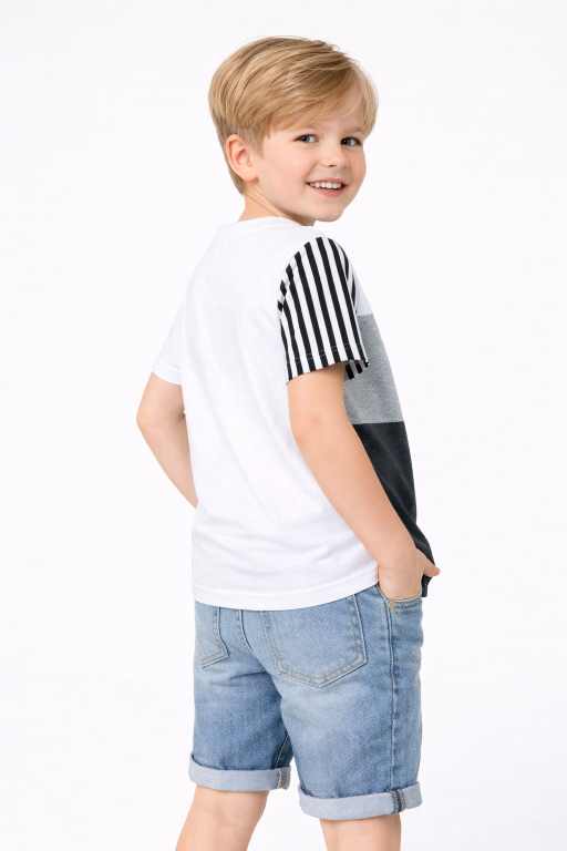 boys white grey charcoal half sleeve t-shirt with striped sleeve and denim shorts stylish kids clothing.