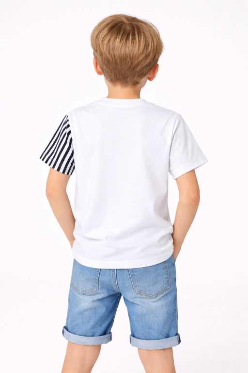 boys white colorblock half sleeve t-shirt with striped sleeve paired with denim shorts.
