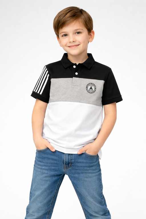 Boys black white colorblock polo t-shirt front view with grey panel kids casual collar tee.
