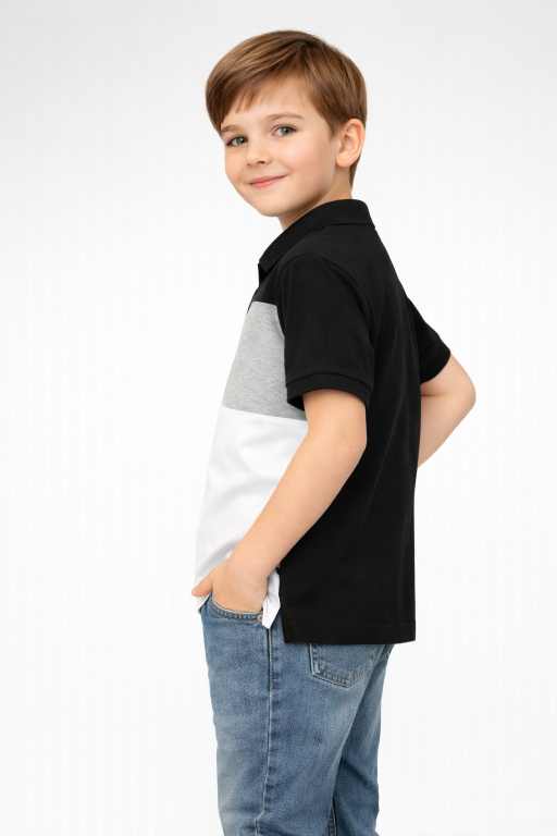 boys black white half sleeve polo t-shirt with grey colorblock stylish kids wear.