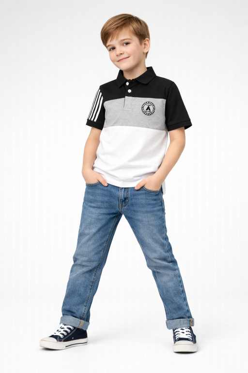 Boys black white polo t-shirt with grey panel paired with jeans