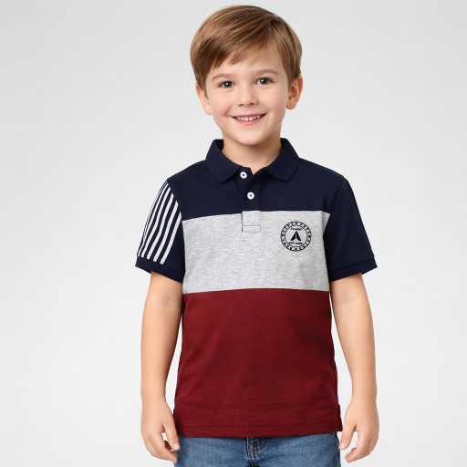 Boys navy blue colorblock polo t-shirt front view with grey and maroon panels kids casual collar tee.