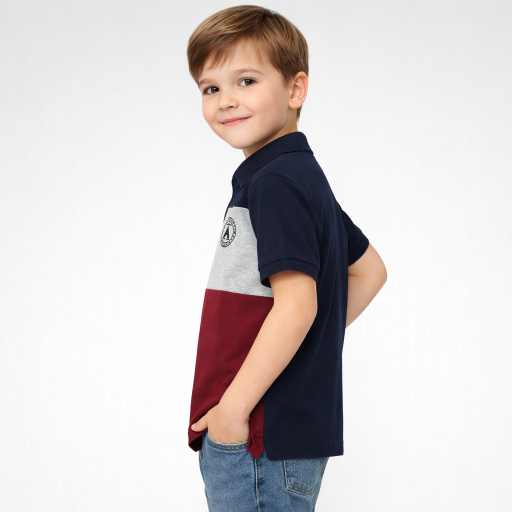 boys navy blue half sleeve polo t-shirt with colorblock design stylish kids casual wear.