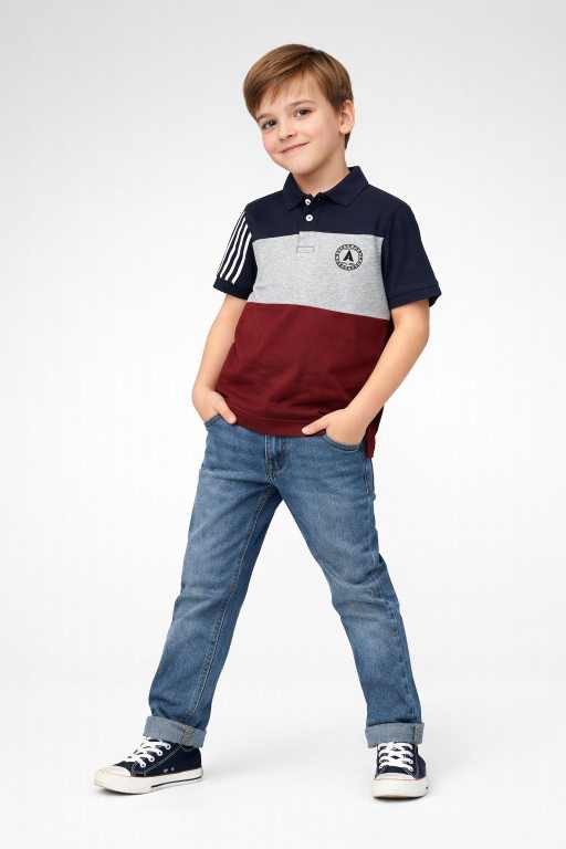 Boys navy blue polo t-shirt with grey and maroon colorblock paired with jeans full body trendy kids fashion wear.